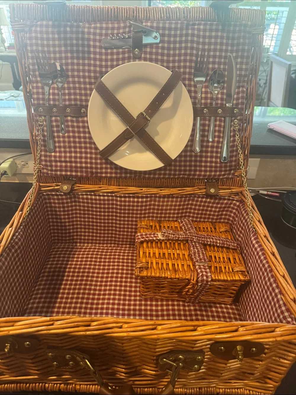 Wicker Picnic Basket Set with Red Gingham Lining